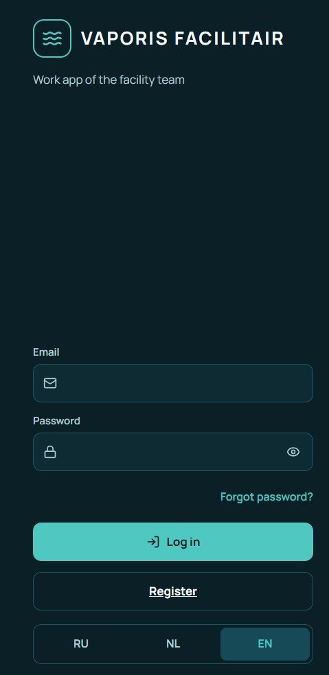 Vaporis Facilitair sign-in screen with a language switch for Russian, Dutch and English